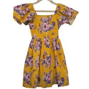 Next Girls Yellow Floral‎ Puff Sleeve Cutout Back Cotton Dress Size 5 Years